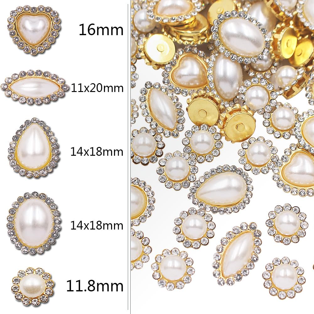 LICHLIN 100pcs Sunflower Sew on Rhinestones Pearl Trim Mixed Gold Claw Shiny Crystal Stones Beads Sewing Rhinestones Pearl Crafts