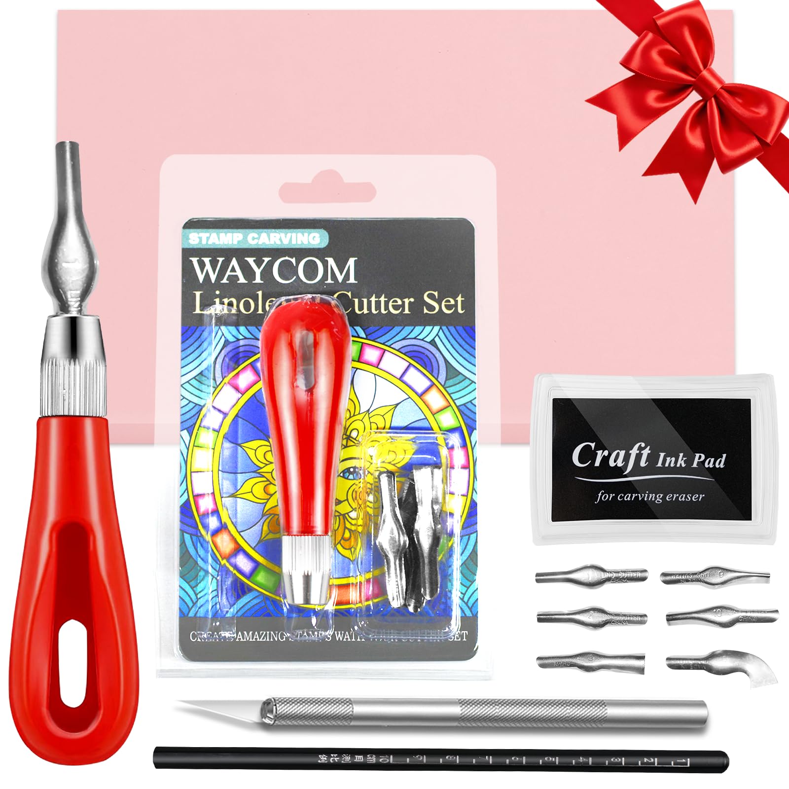 WAYCOM Linoleum Blocks for printmaking - Linocut kit Set with Cutter and Hobby Knife & Pencil for DIY Block Printing and Stamp Carving - Craft Kit Gift for Beginners & Adult