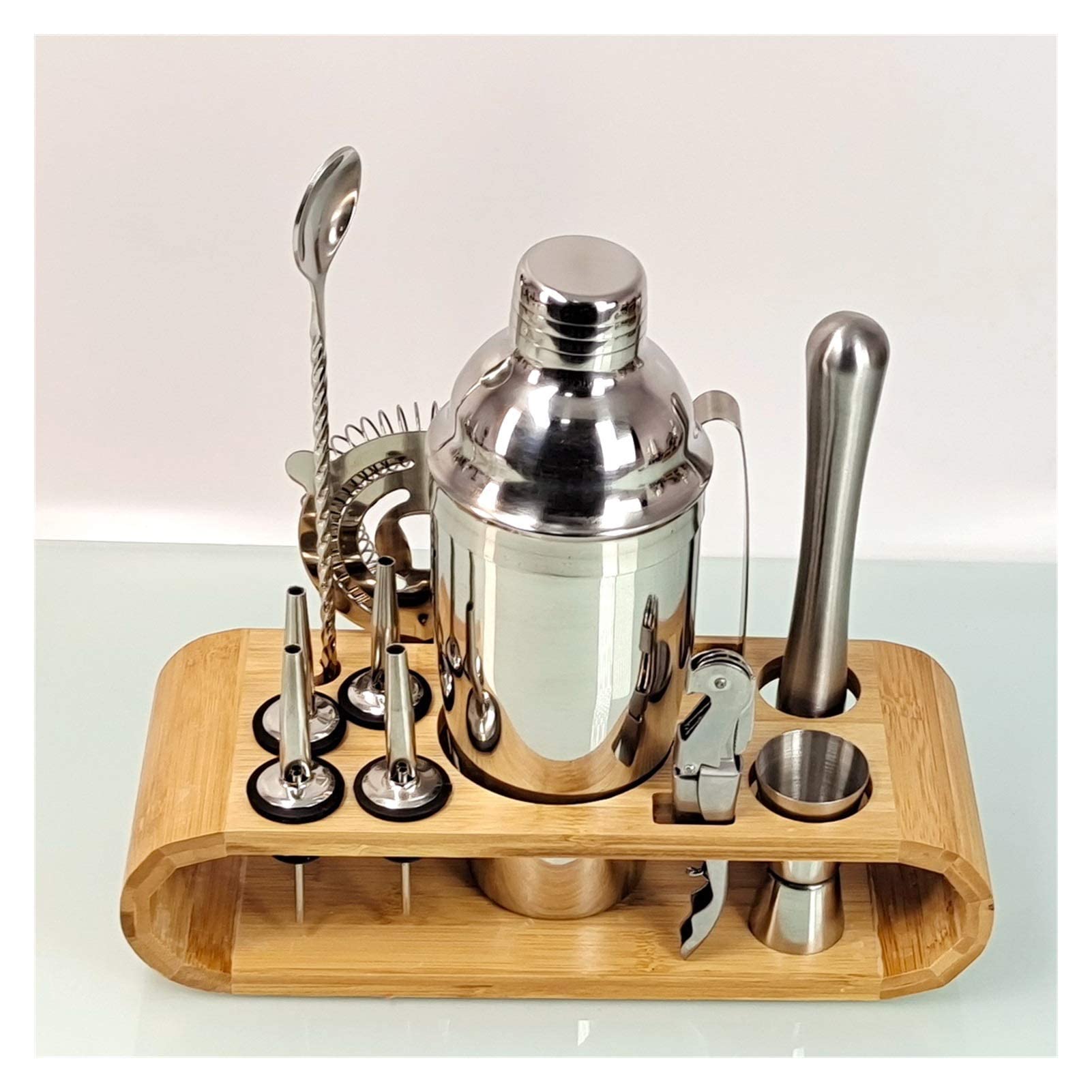 Cocktail Shaker Cocktail Shaker Set 12 pièces Cocktail Shaker Set Acier Inoxydable Barman Kit Mélangeur Boisson Bar Outil Accessoires Ovale Bambou Stand (Couleur : 550Ml) (350ml)