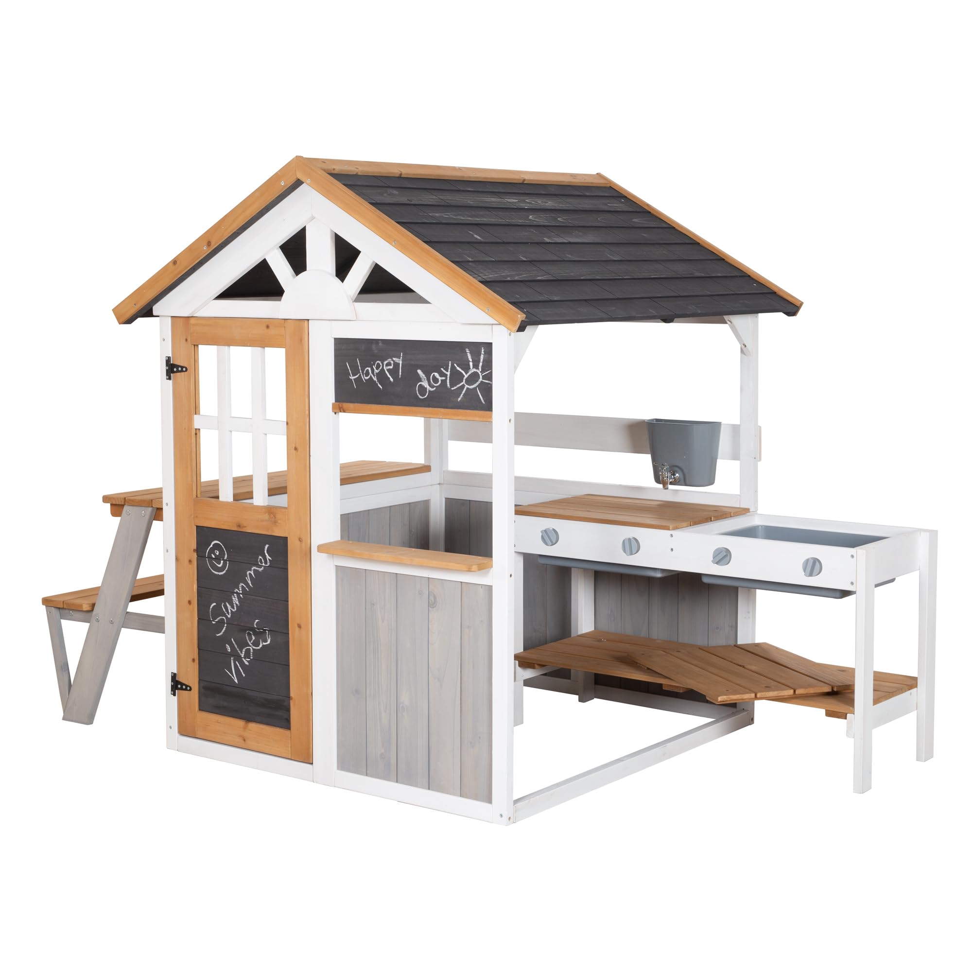 roba Garten Spielhaus aus Holz - Inkl. Spielküche mit Kochfeldern + Picknick-Tisch & Bank für Kinder - Wetterfestes Kinderspielhaus mit Verkaufsstand - Mehrfarbig