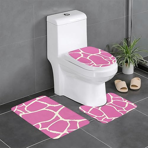 Evealyn Juego de 3 tapetes de baño antideslizantes con textura de jirafa rosa, juego de alfombras de baño absorbentes para baño, dormitorio, cocina