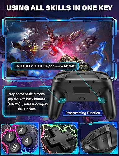 Vista 4 de ZRZLMVP Switch Controller Wireless for Nintendo Switch/OLED/Lite/Switch 2, 1000mAh Rechargeable Pro Controllers with 9 Colors LED Light, Switch Negro