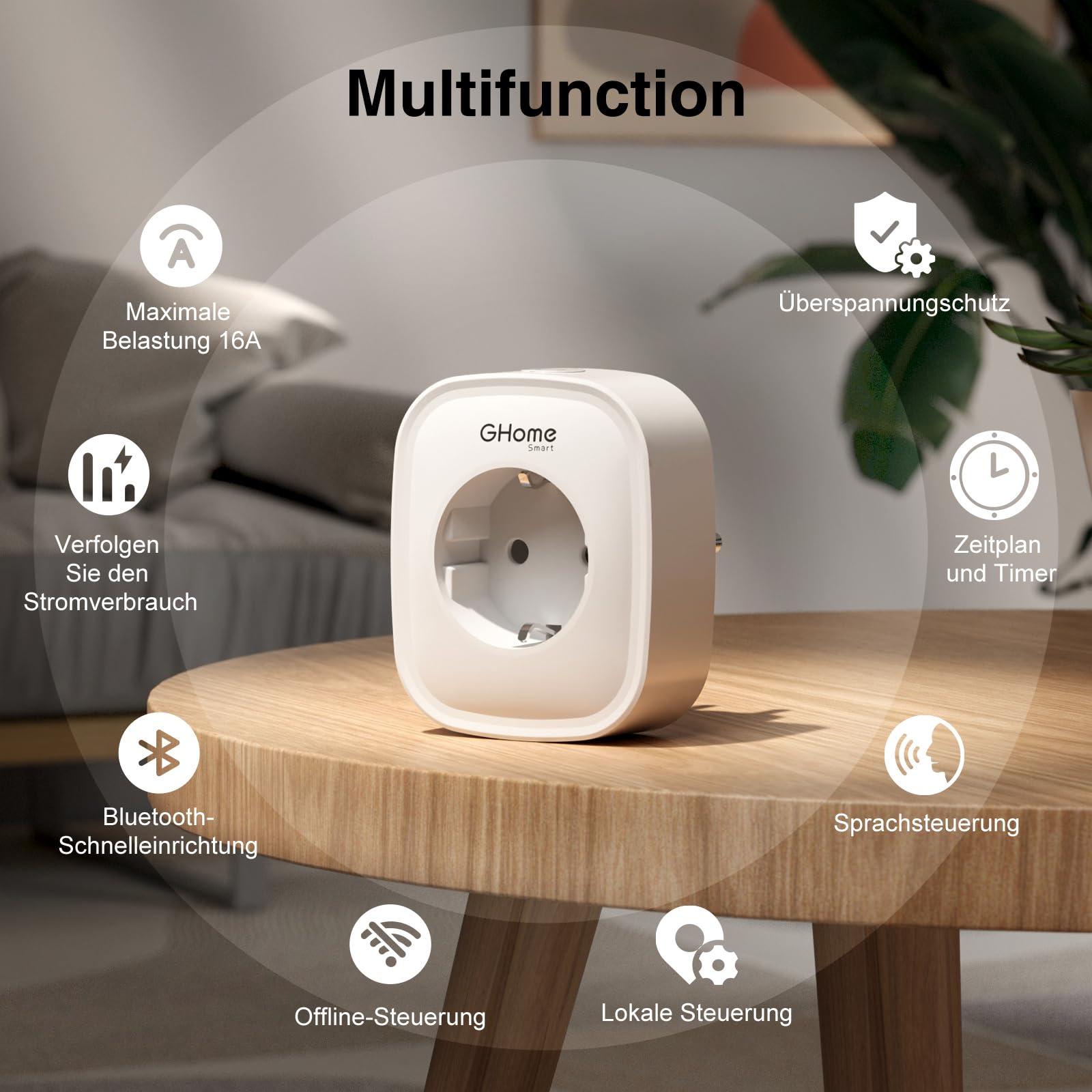 GHome Smart WLAN Steckdose 16A, Smart Home Plug Funktioniert mit Alexa/Google Home, Stromverbrauchsmessung, App- & Sprachsteuerung, Zeitplan und Timer steckdose, 4er Pack,NUR auf 2.4GHz WiFi