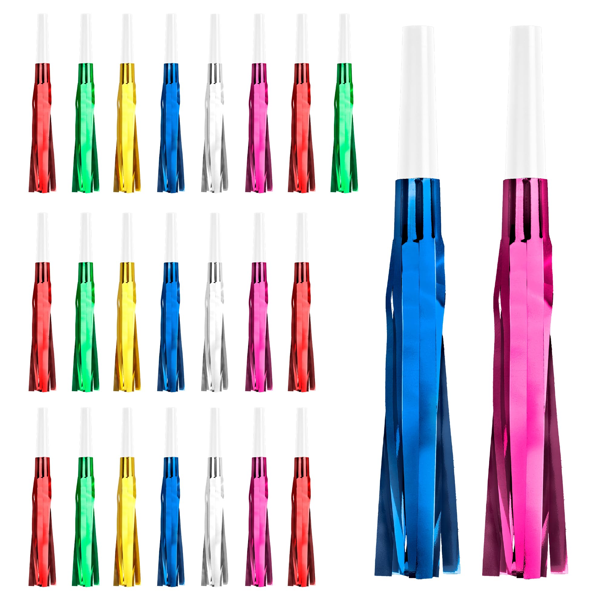 Psxuie 24 Pcs Mixcolors Noise Makers Glitter Noise Makers Metallic Fringed Party Blowers for Adults Birthday Sporting Events 2025 New Years Party Favor Supplies