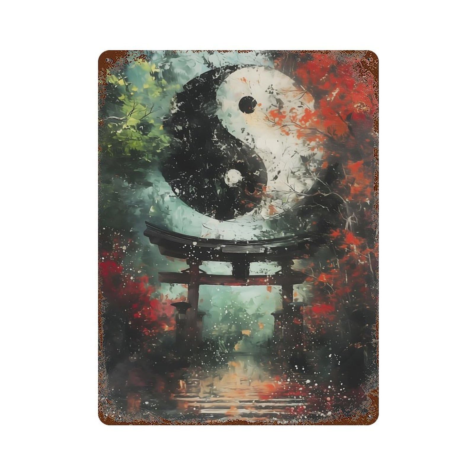 Torii Gate Yin And Yang Rust Effect Tin Sign 15.7"x11.8", Industrial Home Decor for Garage, Bar And Workshop Decor