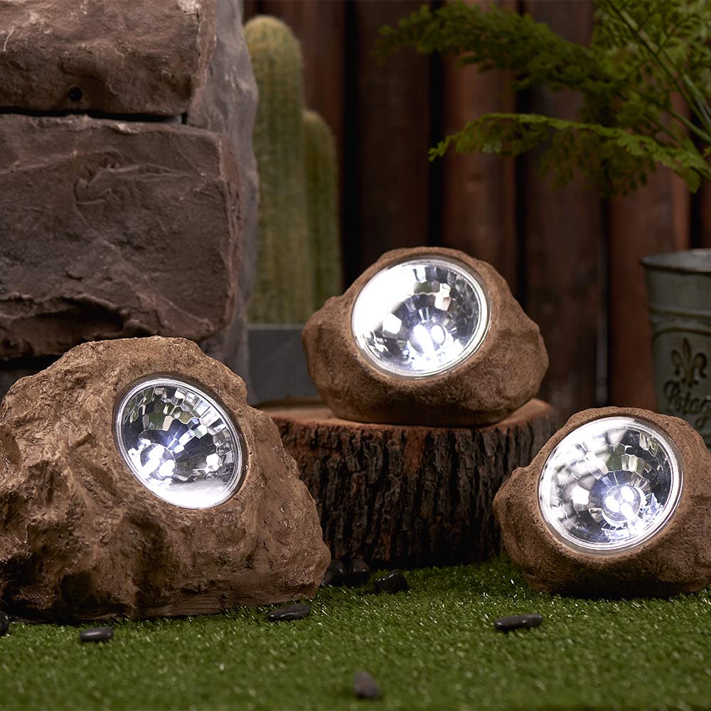 LUMI JARDIN Zestaw 3 solarnych skałek ogrodowych LED do postawienia na stałe białe światło ROCKY BROWN 14 i 9 cm