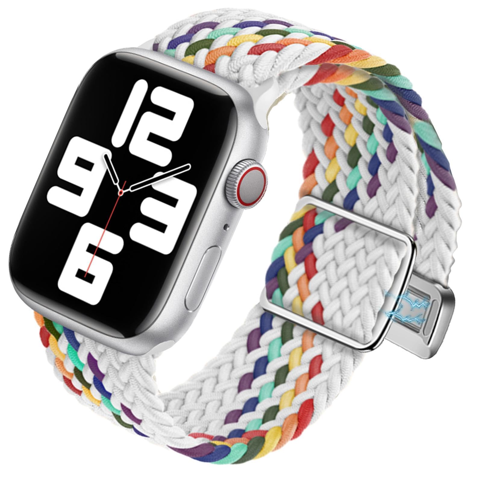 Abanen Braided Elastic Nylon Watch Band Compatible with Apple Watch 38mm 40mm 45mm 49mm for Women Men, Loop Soft Stretchy Wristband Strap with Magnetic Closure for iWatch SE Series 8(White-Rainbow)