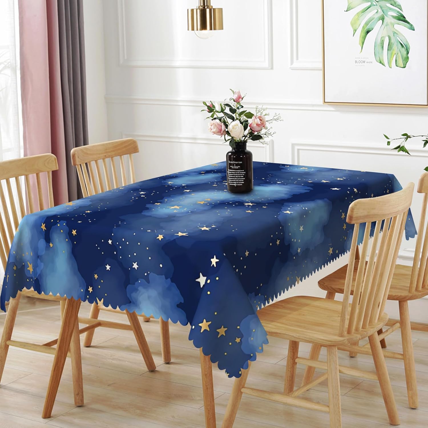 70x108inches Dark Blue Sky Cloud Tablecloth Gold Shining Stars Galaxy Universe Space Pattern Table Cloth Waterproof Fabric Table Cover for Kitchen Dining Room Picnic Camping Indoor Outdoor Use