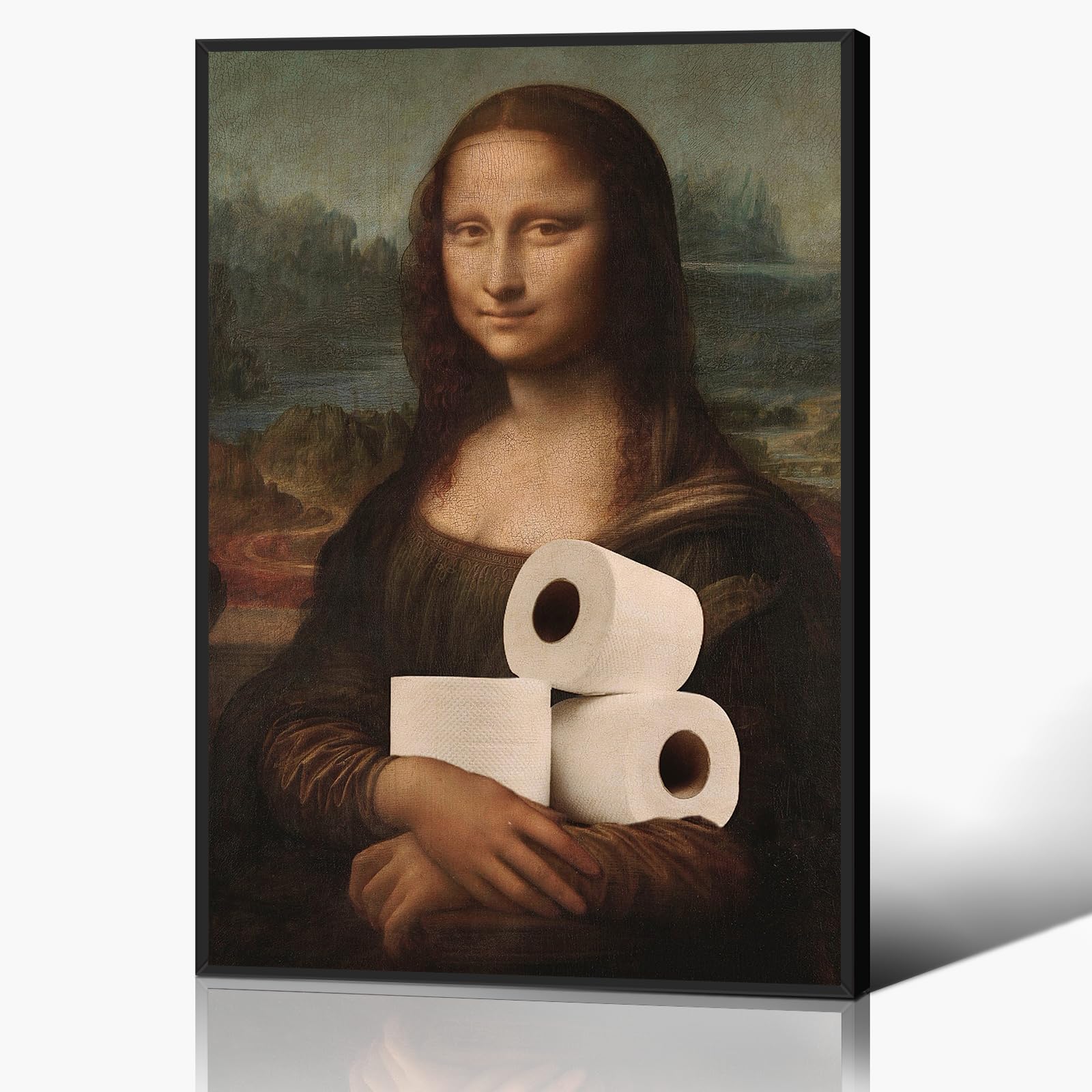 Anslipswar Bath 02 Framed Funnyl Mona Lisa Painting Bathroom Canvas Wall Art, Humor Amusing Toilet Art Prints, 12X16in Framed
