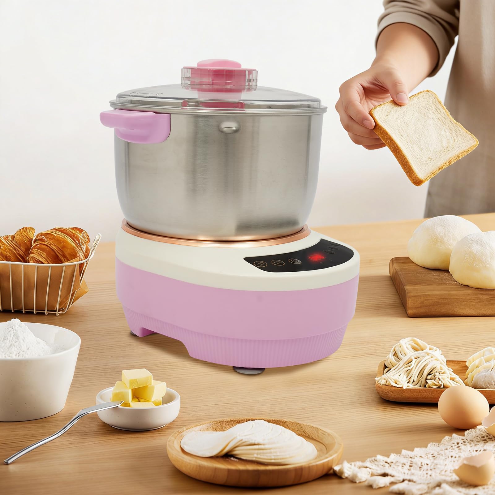 Acero Inoxidable Amasadora Eeléctrica avec Fonction Fermentation | 7 Litros Rosa Maquina de Masa, con Tapa Transparente, Diseño Silencioso, Preparación de Pan y Pasta