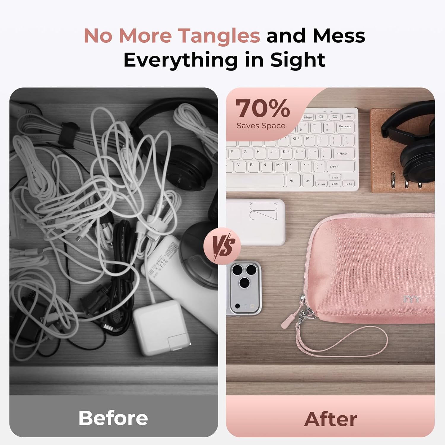 FYY Travel Cable Organizer - 8 Compartments Lightweight Water Resistant Tech Pouch with Wrist Strap, Portable Electronic Accessories Case for Cord Charger Storage for Travel Home Office, Pink (Large)