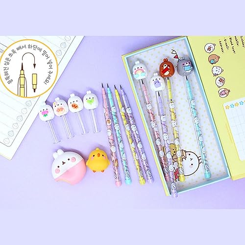 Miniatura 6 de Molang - Juego de 4 lápices de cartuchos de figuras Papelería coreana kawaii, bonitos lápices mecánicos recargables, suministros escolares y de