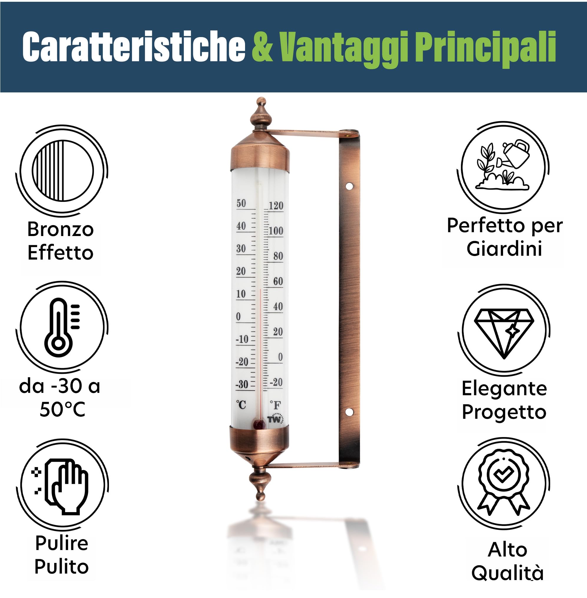 Termometro da esterno con design effetto bronzo, elegante termometro da giardino, adatto per esterni, per manometro di temperatura da parete, serra, garage, facile da appendere