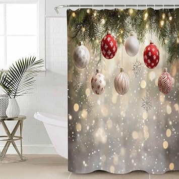 Christmas Shower Curtain for Bathroom, Waterproof Cloth Fabric Shower Curtains, Xmas Balls Snowflake Pine Needles Bathroom Decor Curtain Set with 12 Hooks Long 72"x84"