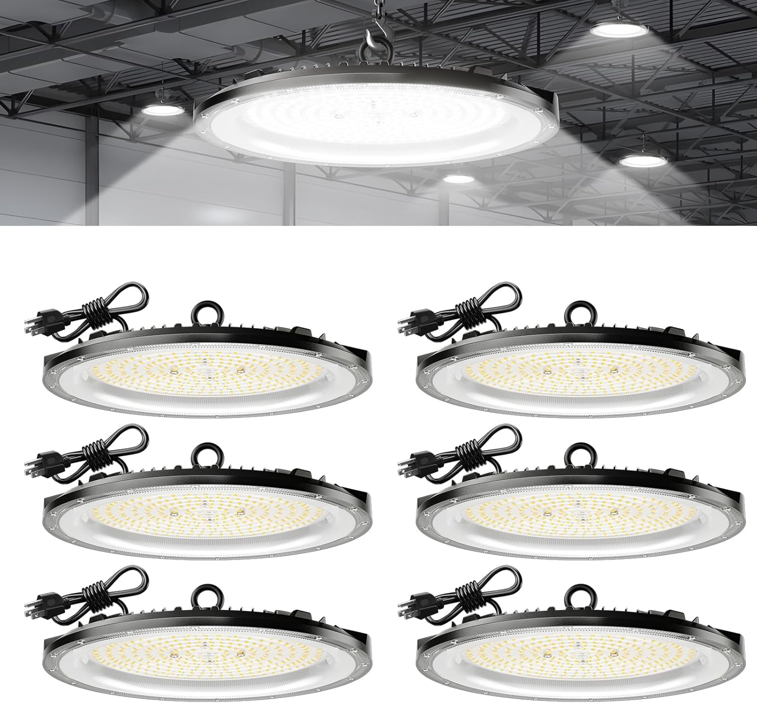 Amico 6 Pack UFO LED High Bay Light 200W 28,000lm 5000K with UL Listed US Hook 5' Cable Alternative to 650W MH/HPS for Gym Factory Barn Warehouse Lighting Fixture