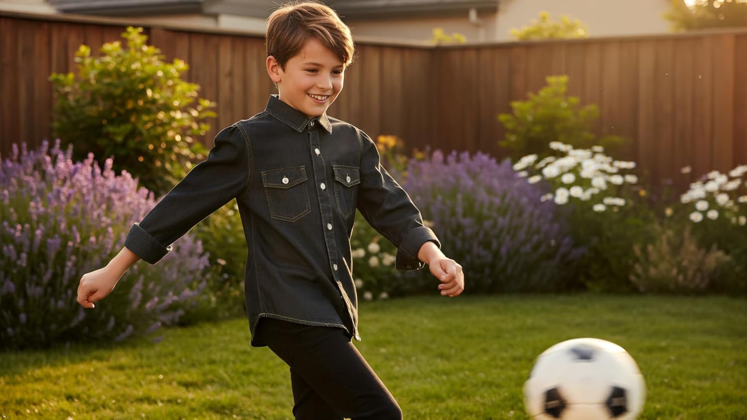 OCHENTA Boys Denim Button Down Shirt Long Sleeve Lightweight Chambray Tops - Image 3