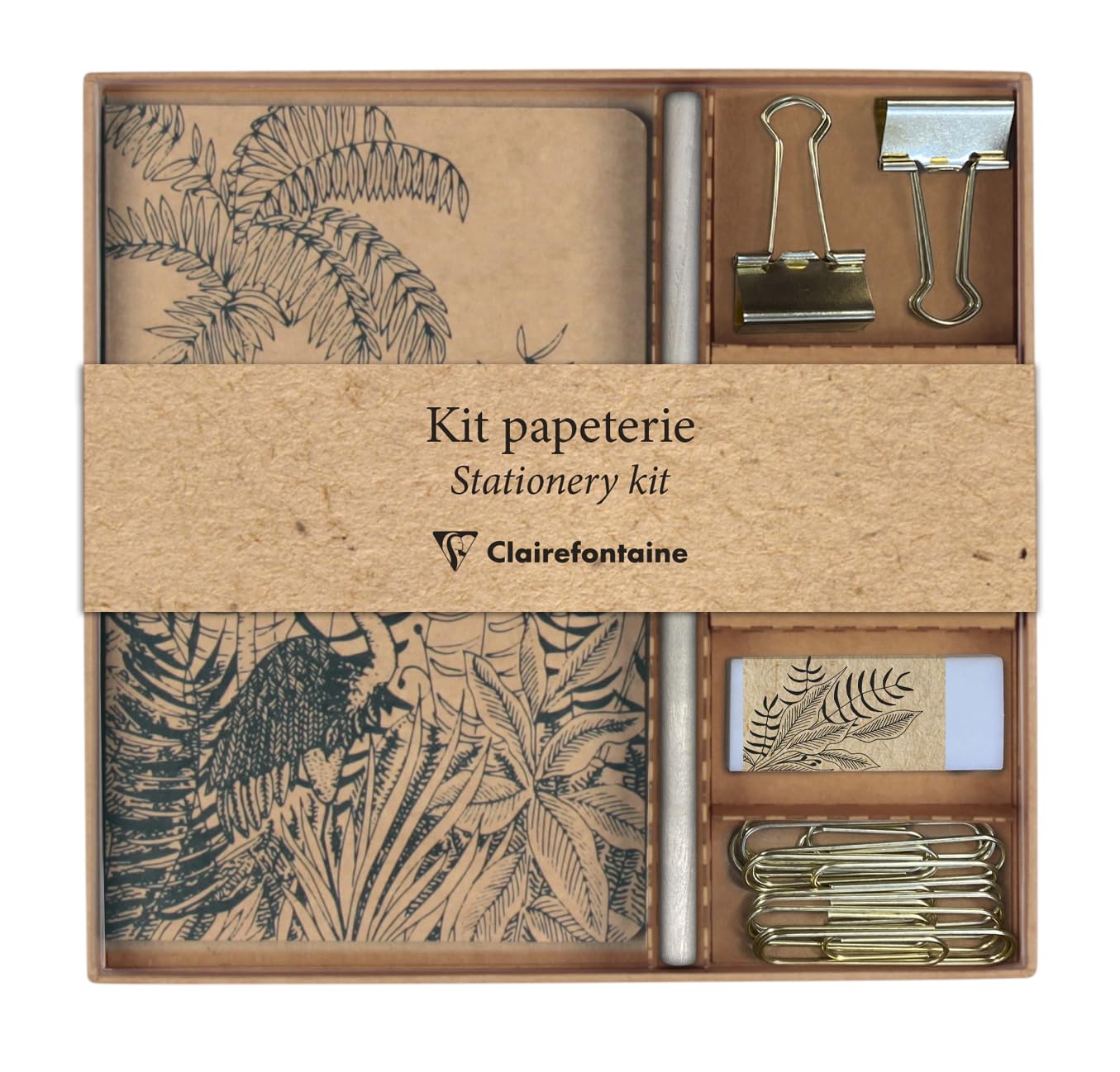 Clairefontaine 116046C - Stationery Kit: Notebook 11x17cm 64 Lined Pages, Pencil, 2 Double-Clip Clips, 10 Paper Clips and Eraser - Le Cerisier Blanc Collection