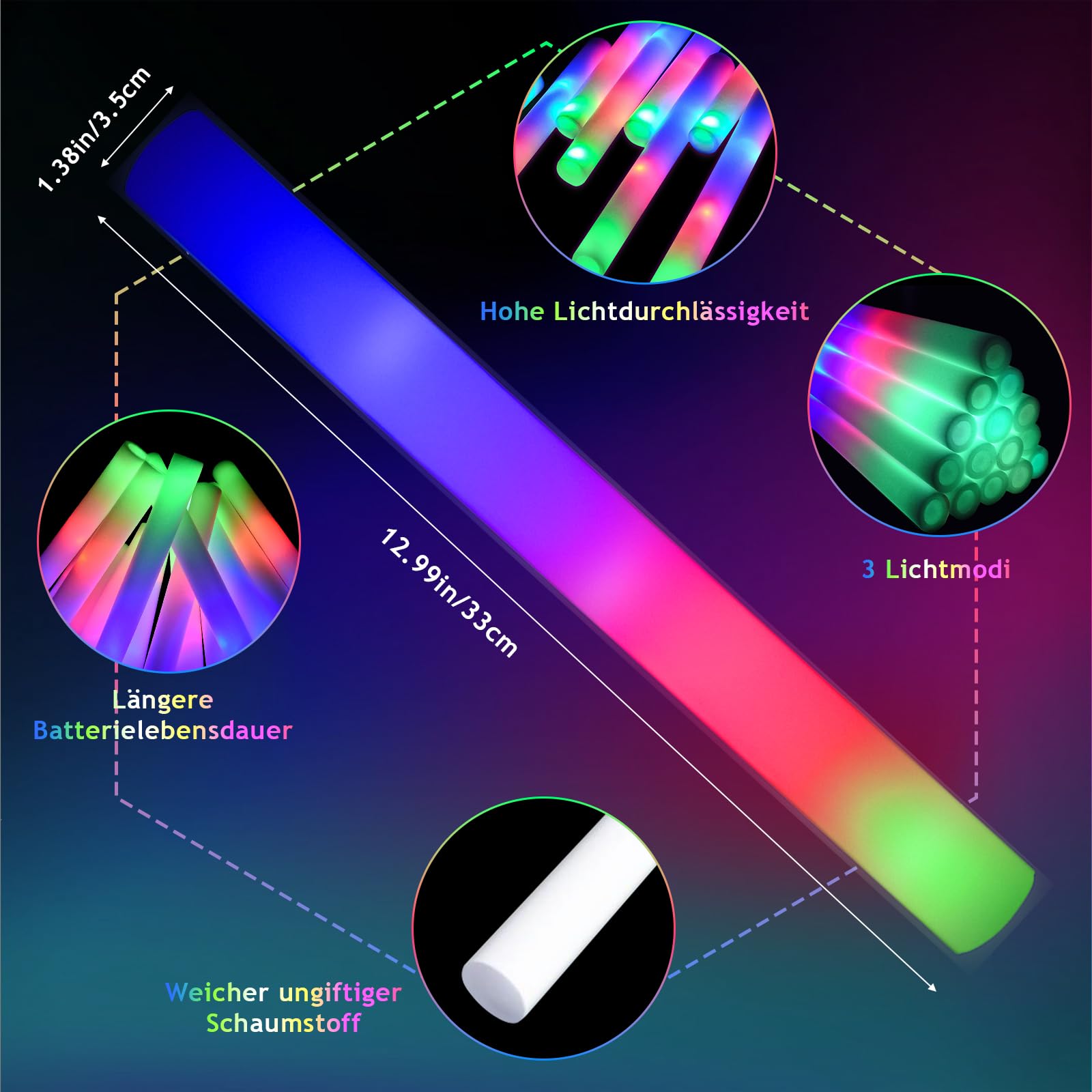 Lot de 30 baton lumineux LED en mousse, 3 modes d'éclairage — Bâton lumineux LED pour fêtes et mariages, Lightsticks adaptés aux enfants et aux adultes