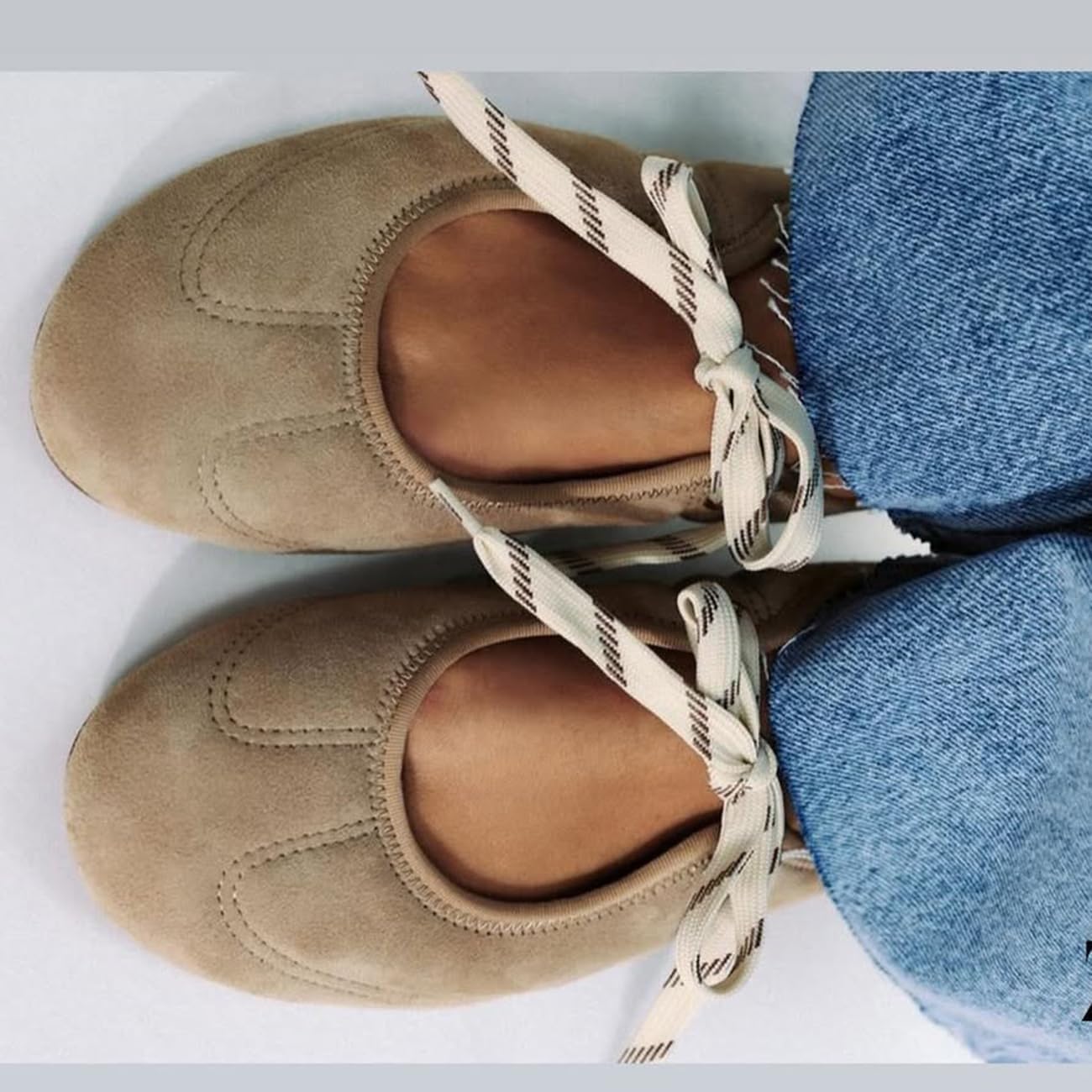 Lace Up Ballet Flats for Women Suede Mary Jane Ballet Flats - Image 3