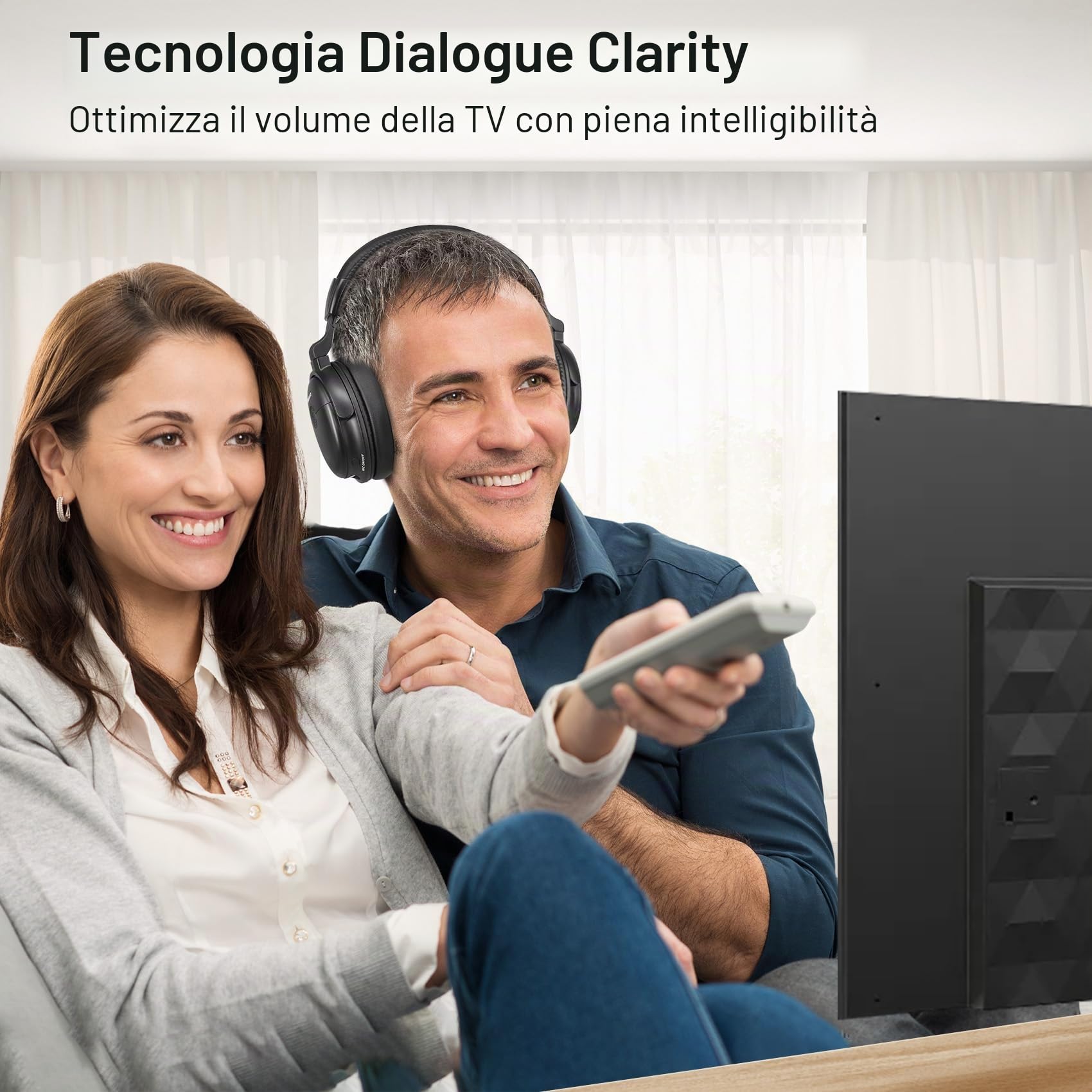 SIMOLIO Cuffie Wireless per TV con Dialogo Chiaro, Cuffie Bluetooth per TV Senza Fili con Batteria di Ricambio, Comodo da Usare per gli Anziani, by-Pass, Trasmettitore Supporto di Ricarica 2 in 1