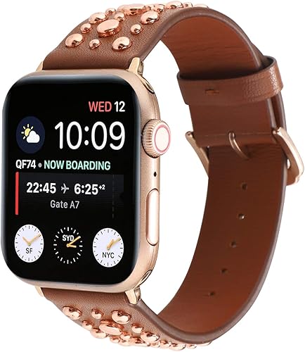 Vista 23 de Correas de cuero con tachuelas compatibles con Apple Watch, correa de repuesto para iWatch Series 10 9 8 7 6 5 4 3 2 1 SE Ultra Negro/plateado