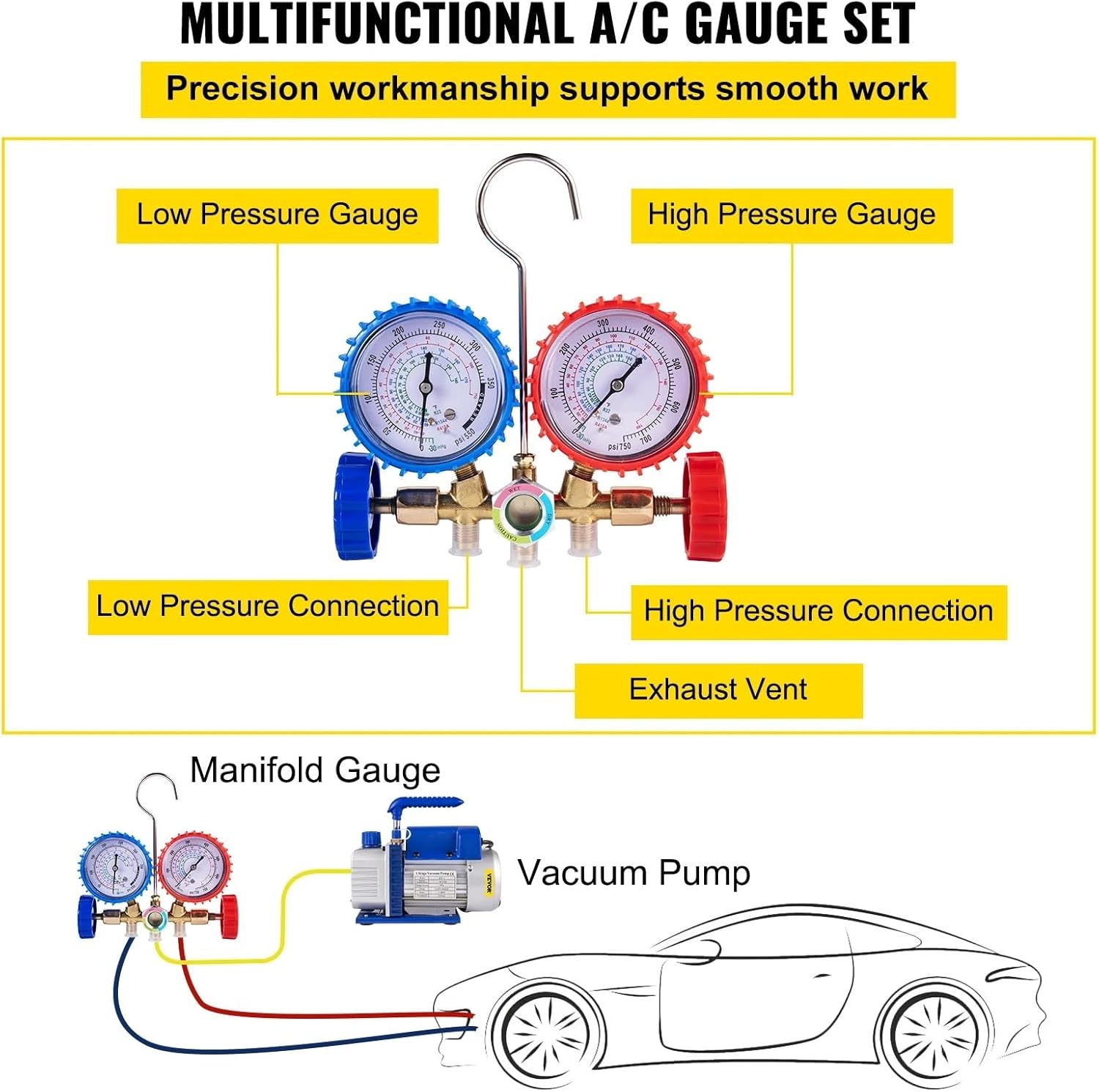 3CFM 1/4HP Single Stage Air Vacuum Pump HVAC R134a R12 R22 R410a A/C Refrigeration Kit AC Manifold Gauge R134 Can Tap
