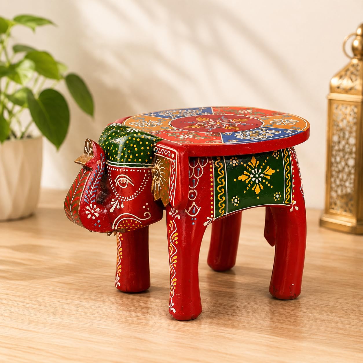 THE KUTIR Handcrafted Wooden Elephant Stool | Colourful Hand-Painted Decorative Elephant Shape Stool for Home, Office & Living Room Décor | Multicolour Showpiece | 8 Inch