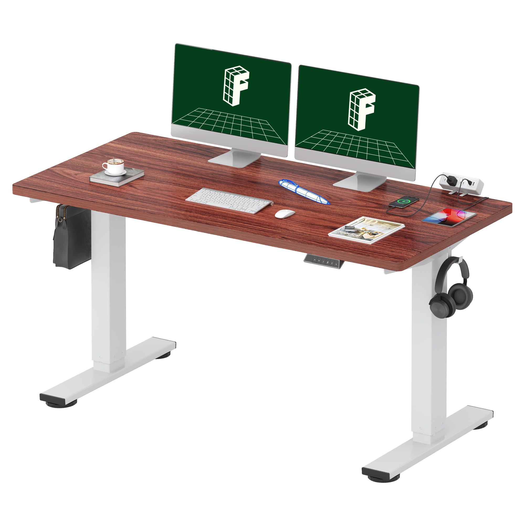 FLEXISPOT E1 Plus 140 * 80cm E1 Plus Electric Height Adjustable Standing Desk ONE PIECE Sit Stand Up Desk with Memory Smart Panel Backpack Hook, Home Office(White Frame+Mahogany Desktop) โ image 1
