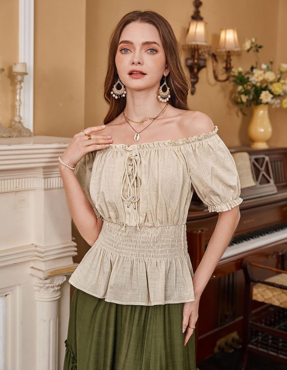 Scarlet Darkness Women Renaissance Off Shoulder Blouse Smocked Waist Pirate Shirt Peplum Tops - Image 3