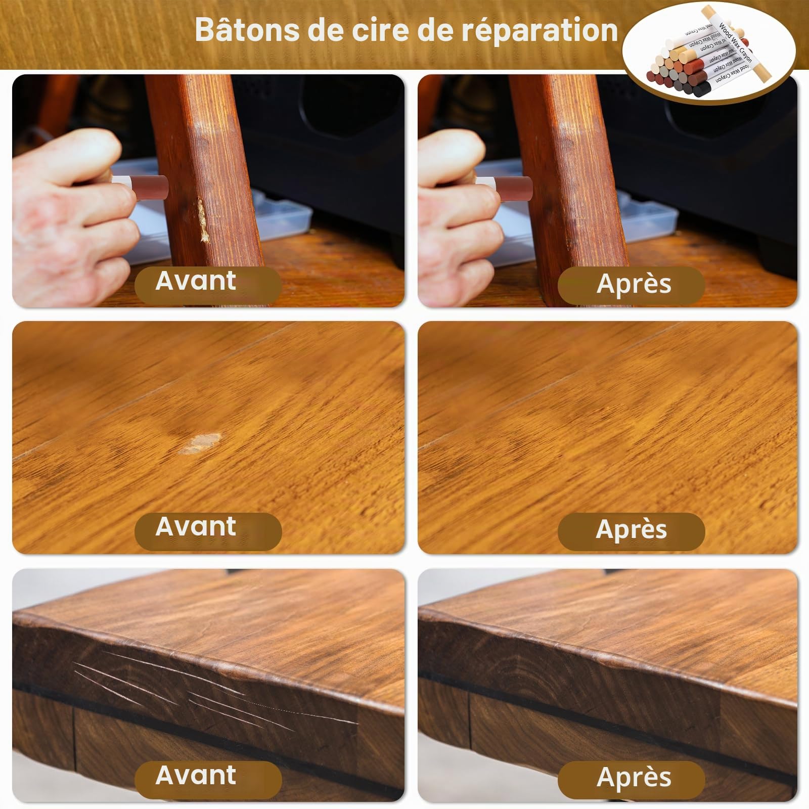 Kit de réparation de meubles 20 couleurs bâtons de cire douce pour taches rayures sols tables