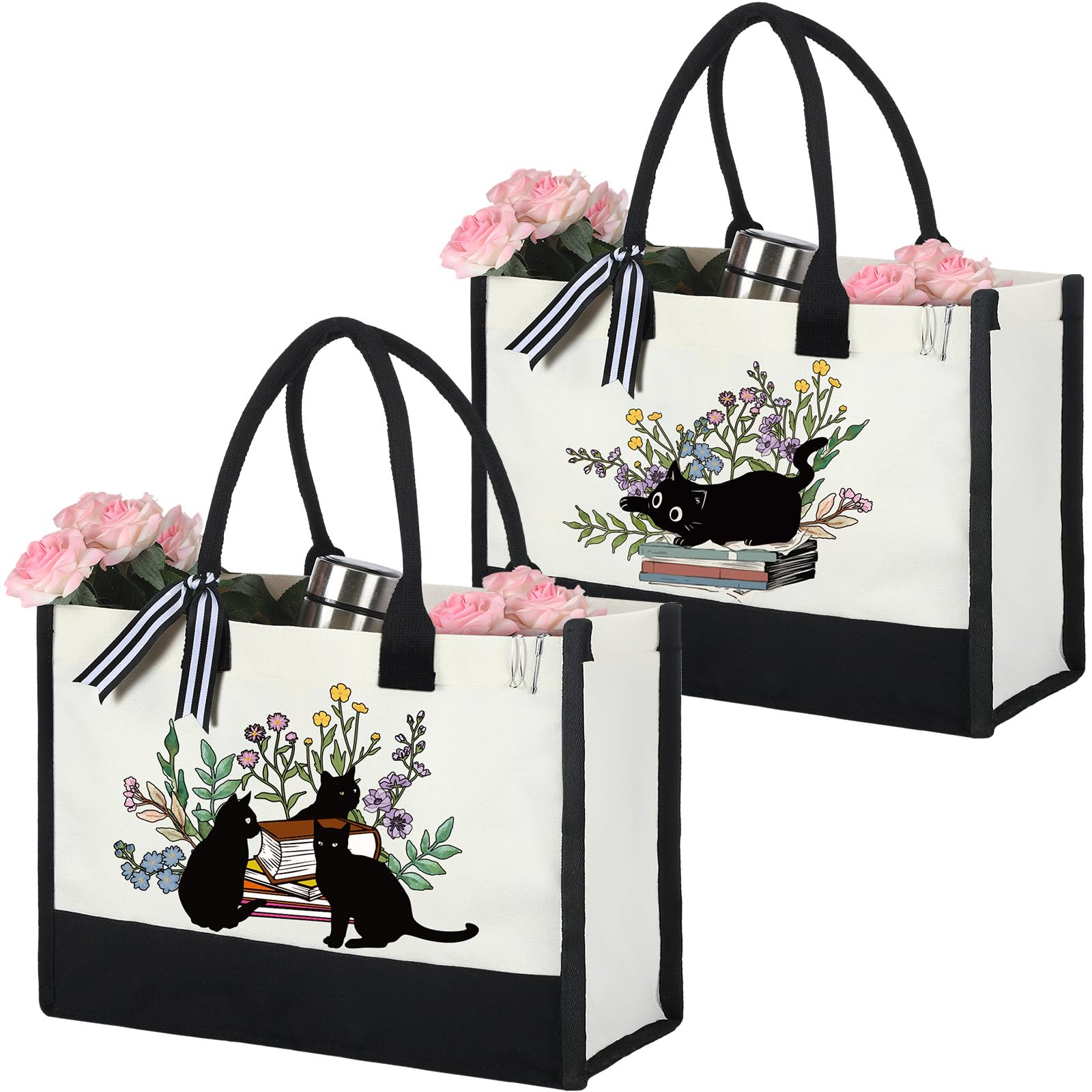 Bulyoou 2 Pcs Black Cat Book Tote Bag Book Lovers Gifts Reusable Canvas Tote Bags Teacher Appreciation Gifts for Women Shopping Teacher Mom Nurse Wife