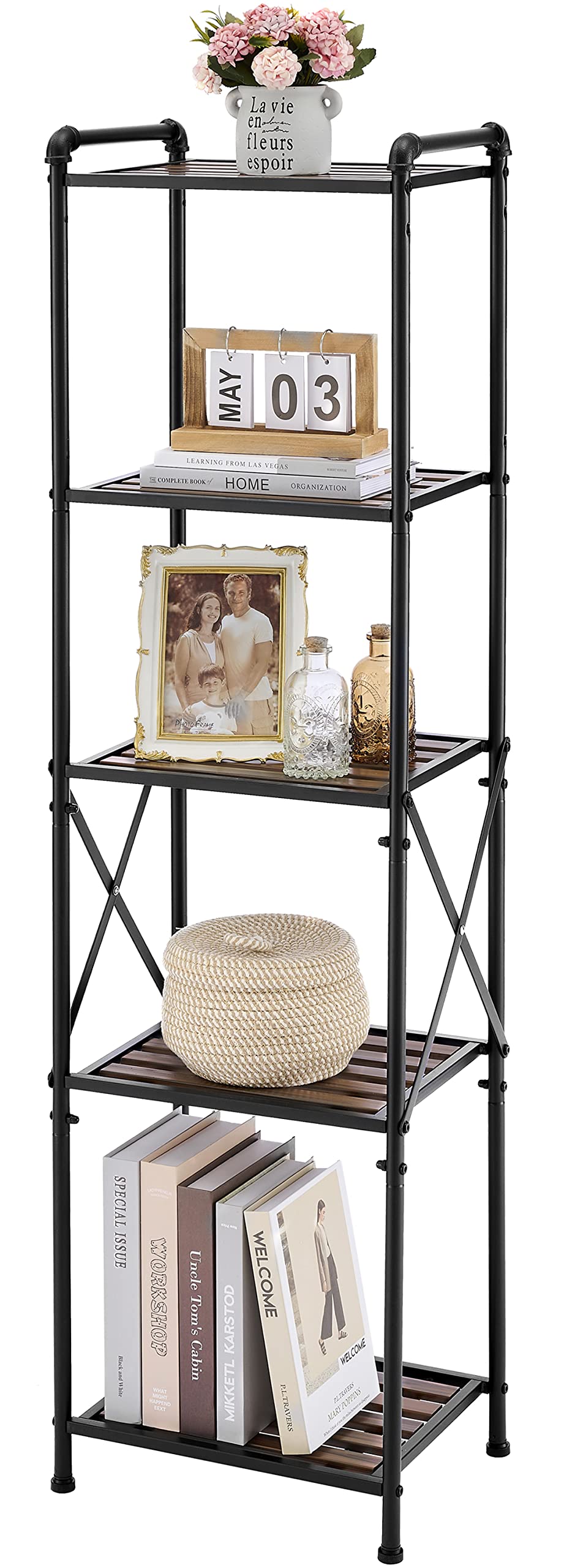 Tajsoon 5 Tier Bathroom Shelves Free Standing Shelf Unit, Narrow Display Shelf, Multipurpose Storage Shelf for Bathroom, Kitchen, Entryway, Living Room, Industrial Style, Metal