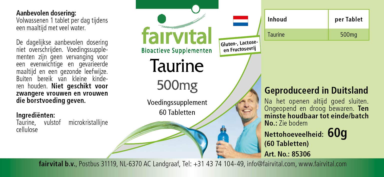 fairvital Taurina 500 mg, 60 compresse, ad alto dosaggio con 500 mg per compressa, VEGANO