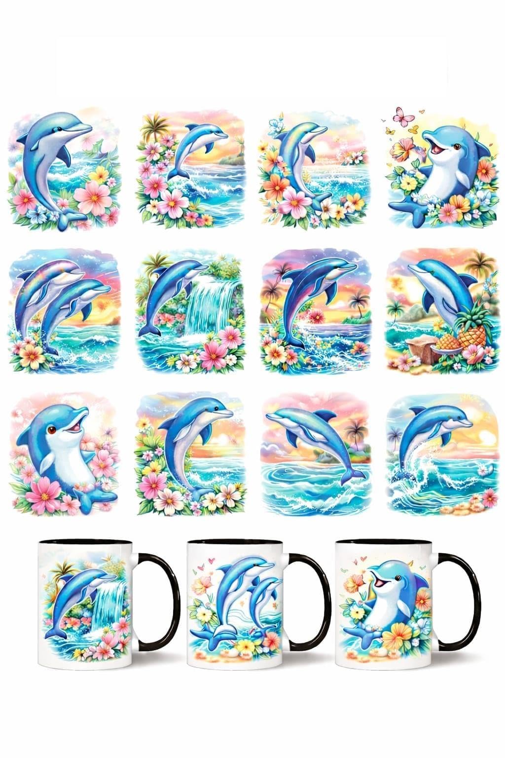 UV DTF Cup Wrap Transfer Stickers, Dolphin Floral Theme, 6.35x6.35 cm, Waterproof Decals for Mugs and Water Bottles, Pack of 12