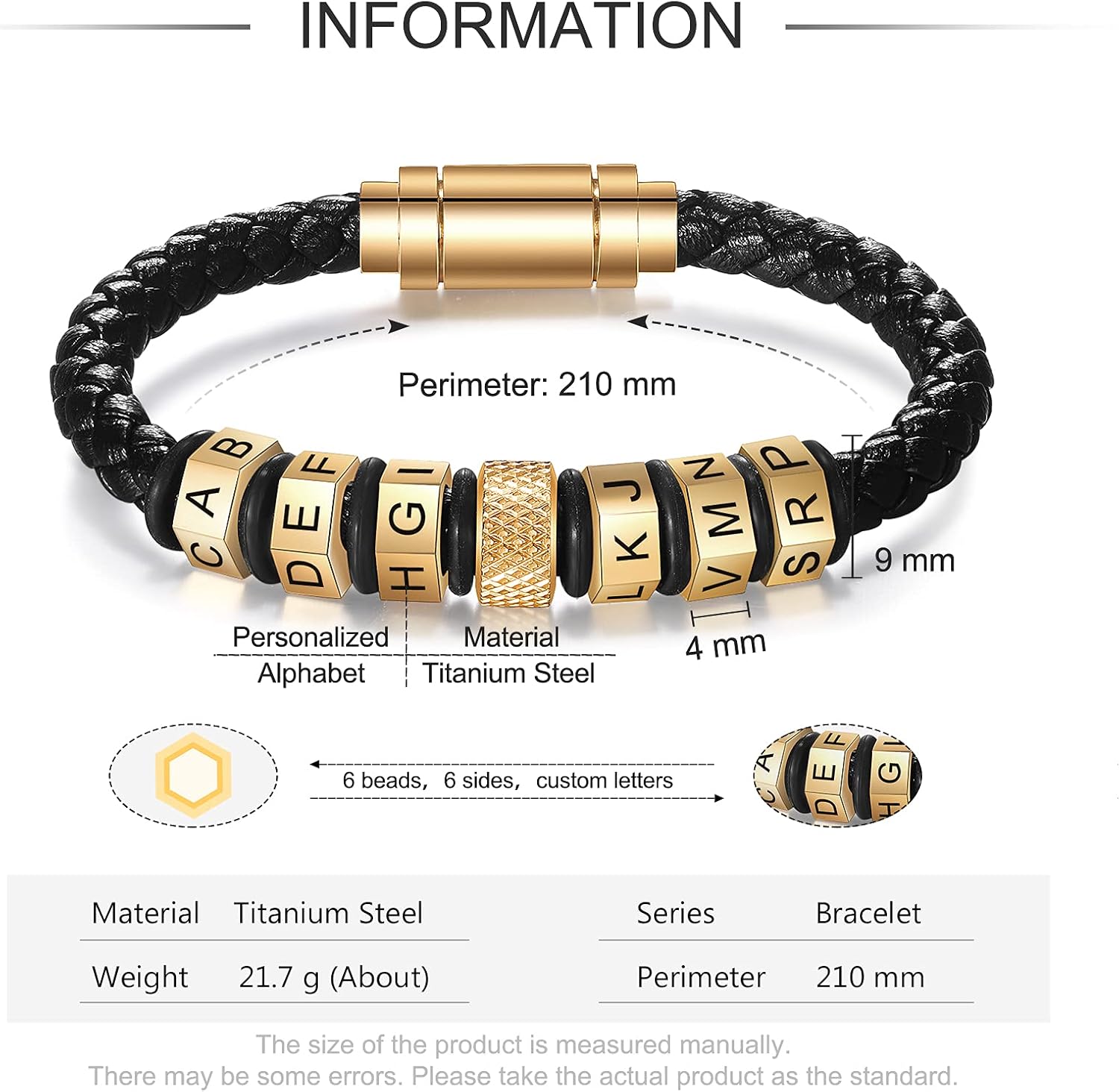 Personalized Bracelet for Men Black Leather Braided Wrist Bracelet Custom Names Engraved Bracelet with Beads for Father Friends Son Birthday Gift Christmas Gift Father Day Gift Graduation Gift
