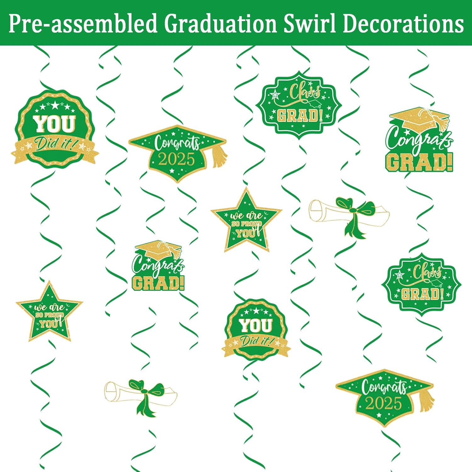 2025 Graduation Party Decorations – Green Graduation Party Dinnerware Set for 25 Guests, Includes Plates, Napkins, Tablecloth, Banner, Hanging Swirls – Grad Supplies Kit - Image 7
