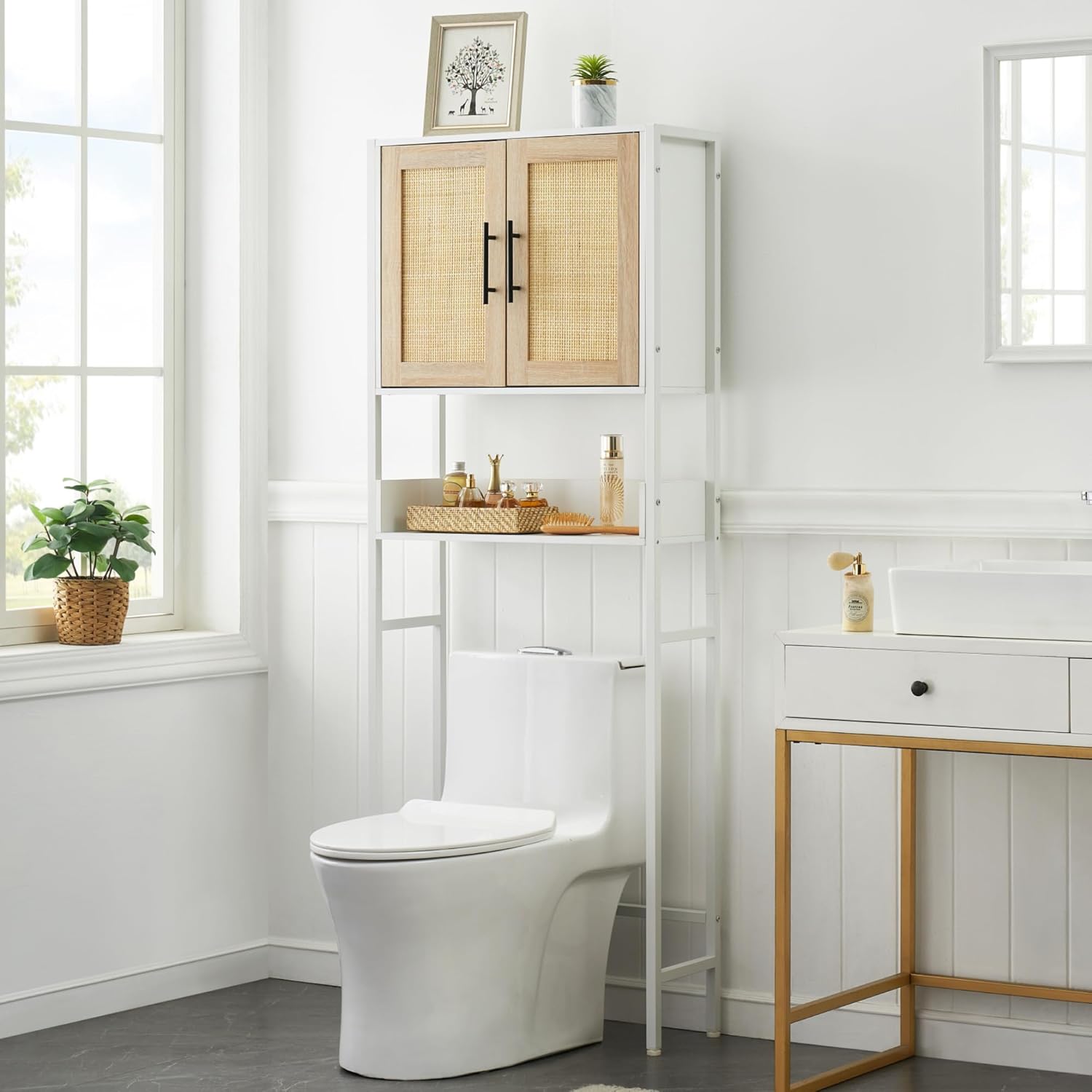 IDEALHOUSE Over The Toilet Storage Cabinet with Adjustable Shelf and Rattan Doors, Bathroom Space Saver Organizer Above Toilet with Metal Handle, Taller Wooden Free Standing Toilet Rack, White IDEALHOUSE Over The Toilet Storage Cabinet with Adjustable Shelf and Rattan Doors, Bathroom Space Saver Organizer Above Toilet with Metal Handle, Taller Wooden Free Standing Toilet Rack, White