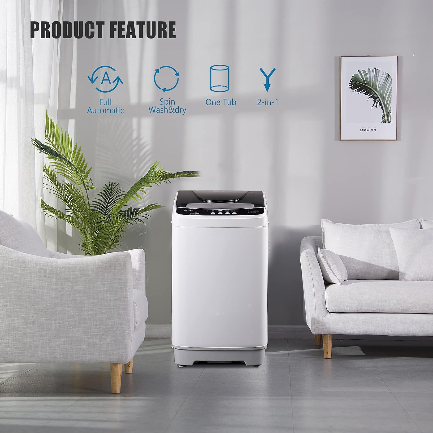 Portable Washing Machine WANAI Full-Automatic Portable Washer with 12lbs Load Capacity 6 Washing Programs Up Drainage 1.32 Cu.ft Top Load LED Display