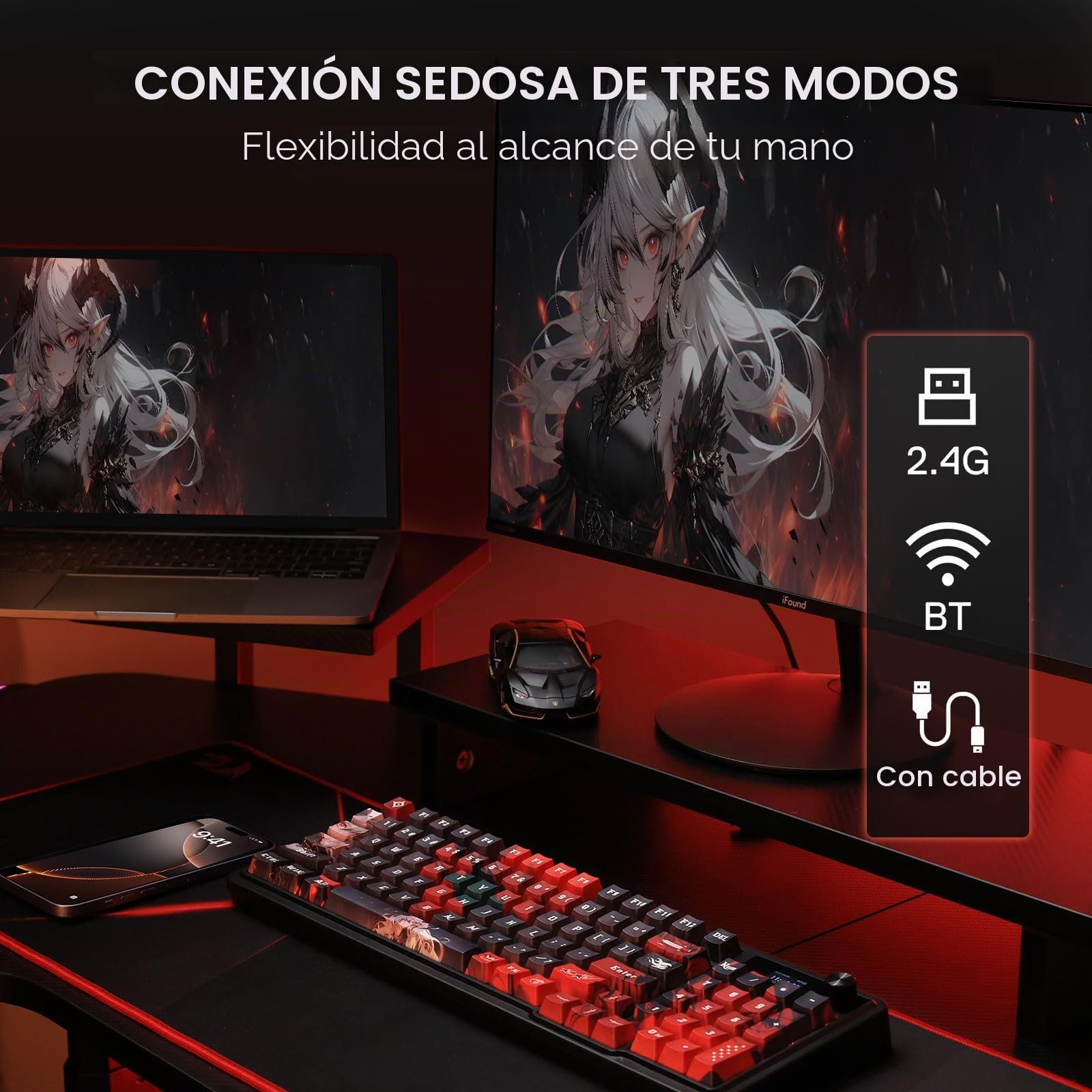Redragon K719 PRO - Teclado inalámbrico para juegos con pantalla Hype y perilla, teclado mecánico de 95 teclas, pantalla de información TFT de fácil control de 1.14 pulgadas, amortiguación de ruido de