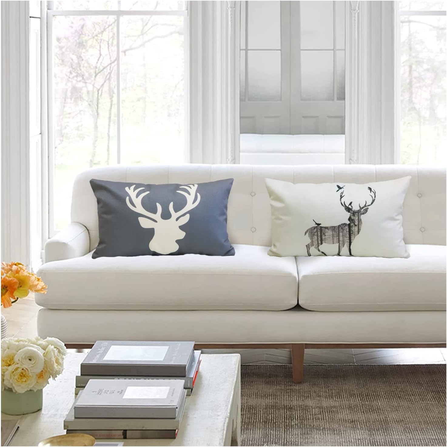 Deer Throw Pillow Covers Elk Lumbar Pillow Cover Deer Pillow Cases Oblong Rectangle Animal Moose Pillowcase Cotton Linen Decorative Cushion Covers for Couch Bed Sofa 12x20 Set of 4