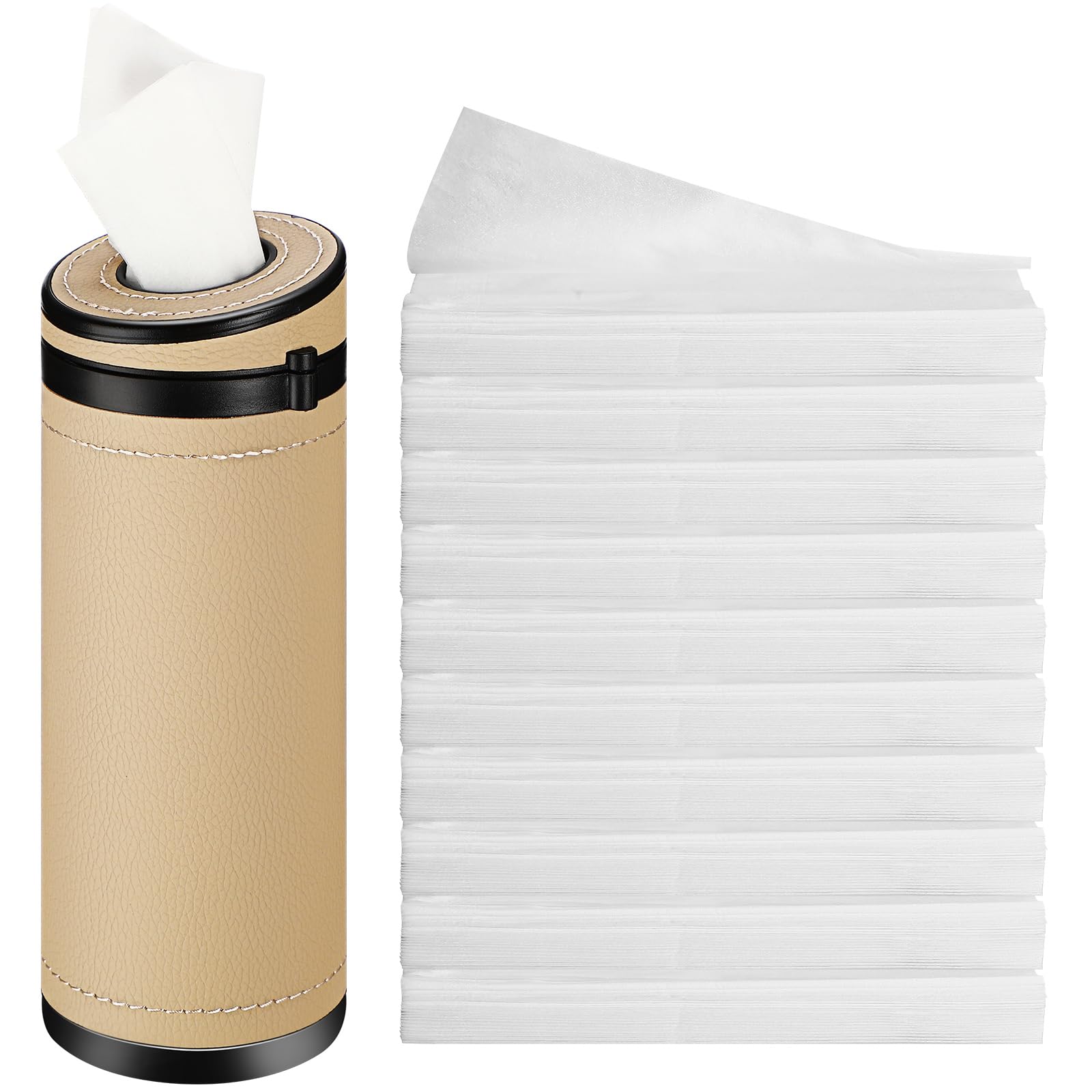 Singhoow 1 Pcs Car Tissues Cylinder Leather Round Container Car Tissues Holder with Tissue Paper with Window Breaker for Vehicle Bathroom Office(Beige