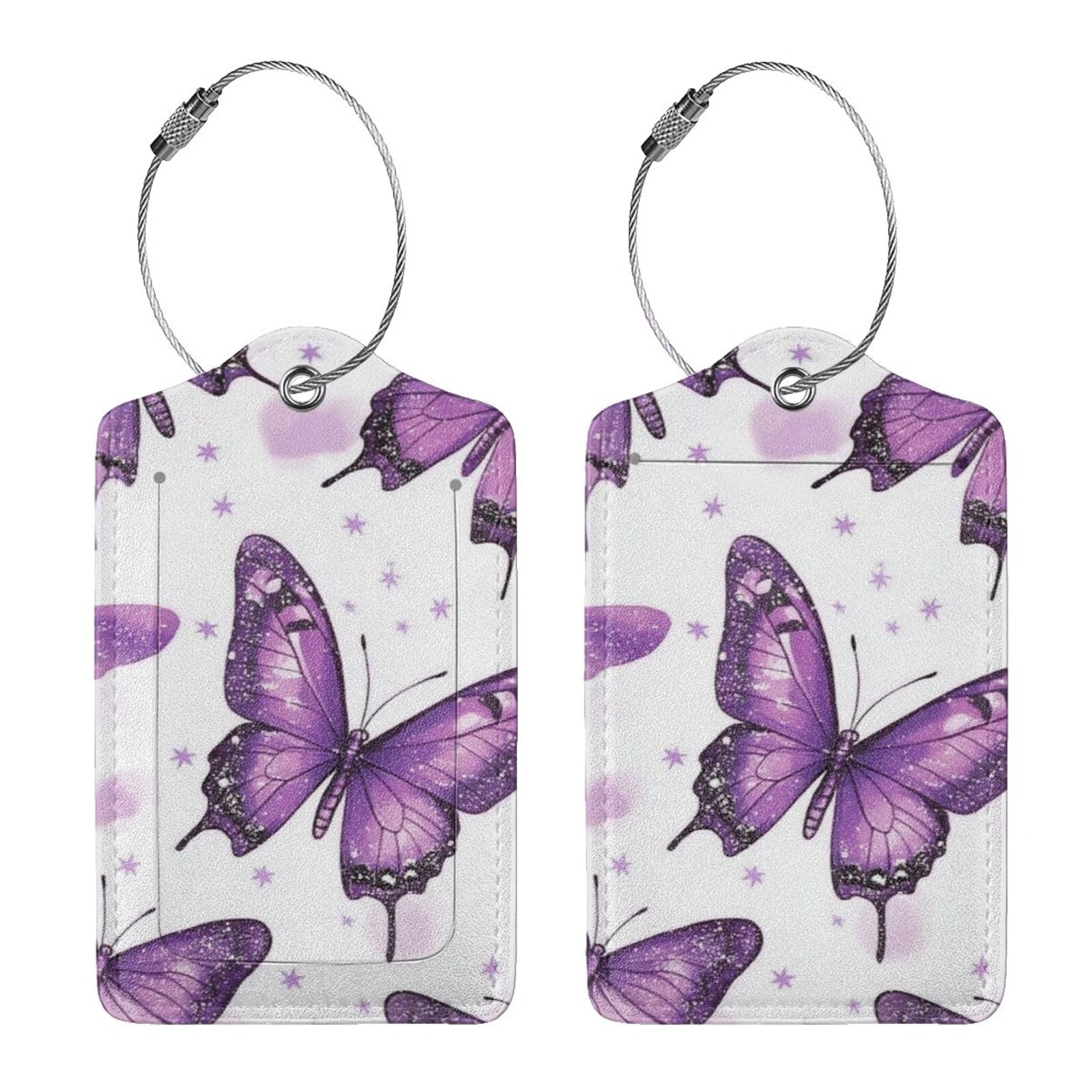 4 etichette per bagagli in pelle PU per valigie, etichette per bagagli con farfalla viola sognante con anello in acciaio inossidabile, etichetta identificativa per la privacy, per donne e uomini