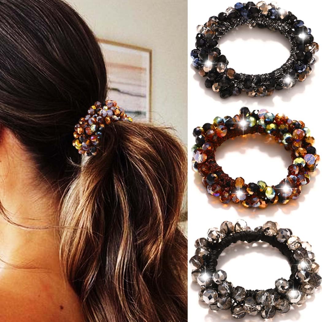 Reaky Rhinestone Hair Tie Beaded Hair Scrunchies Fancy Ponytail Holders Hair Accessories for Women 3 Pcs, Black, 1 count (Pack of 3)