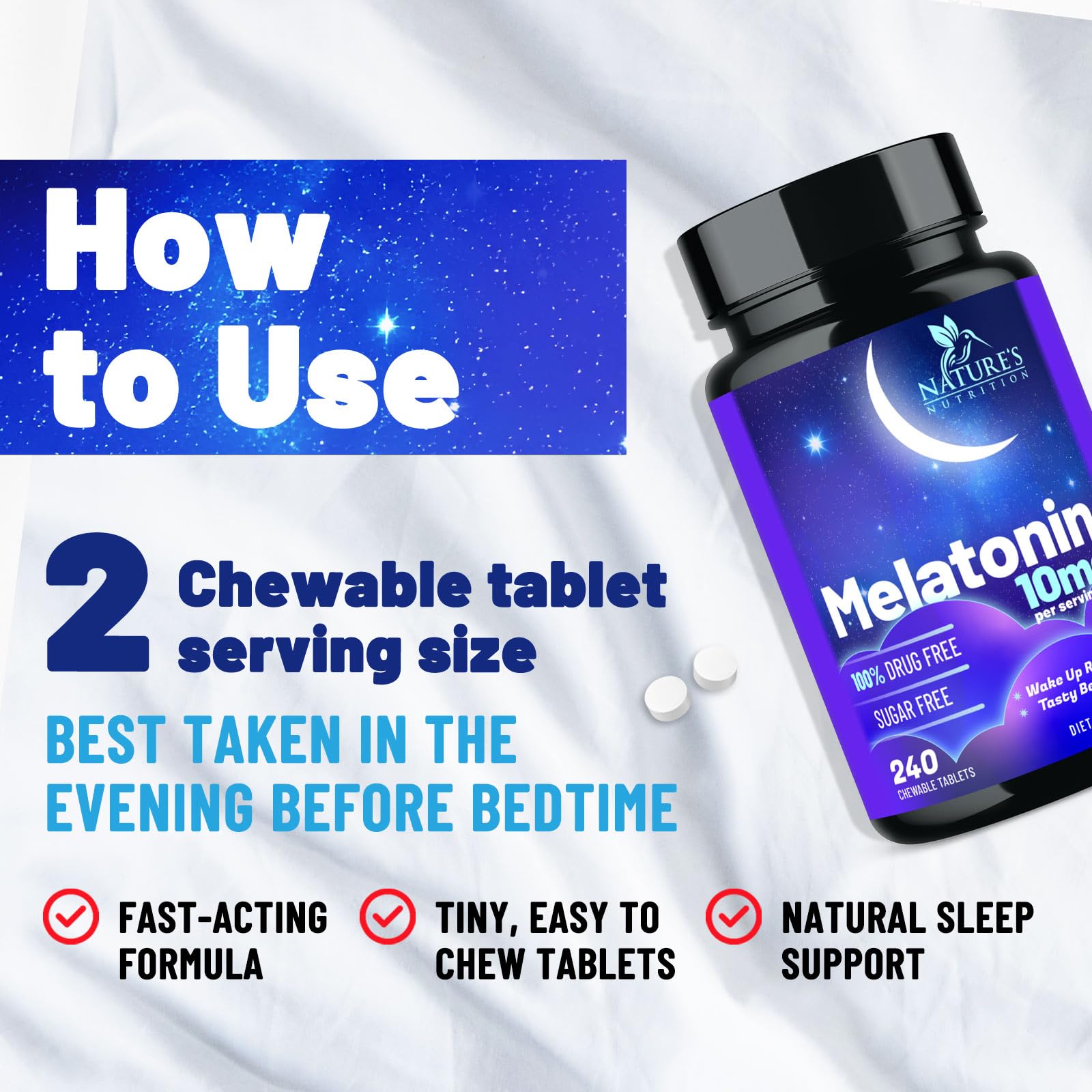Melatonin Sleep Supplement 10mg - Maximum Strength 100% Drug Free, Non-Habit Forming - Best Sleep Supplements for Adults Restful Sleep - Fast Dissolve Melatonin, Berry Flavored - 240 Chewable Tablets — Amazon image 6
