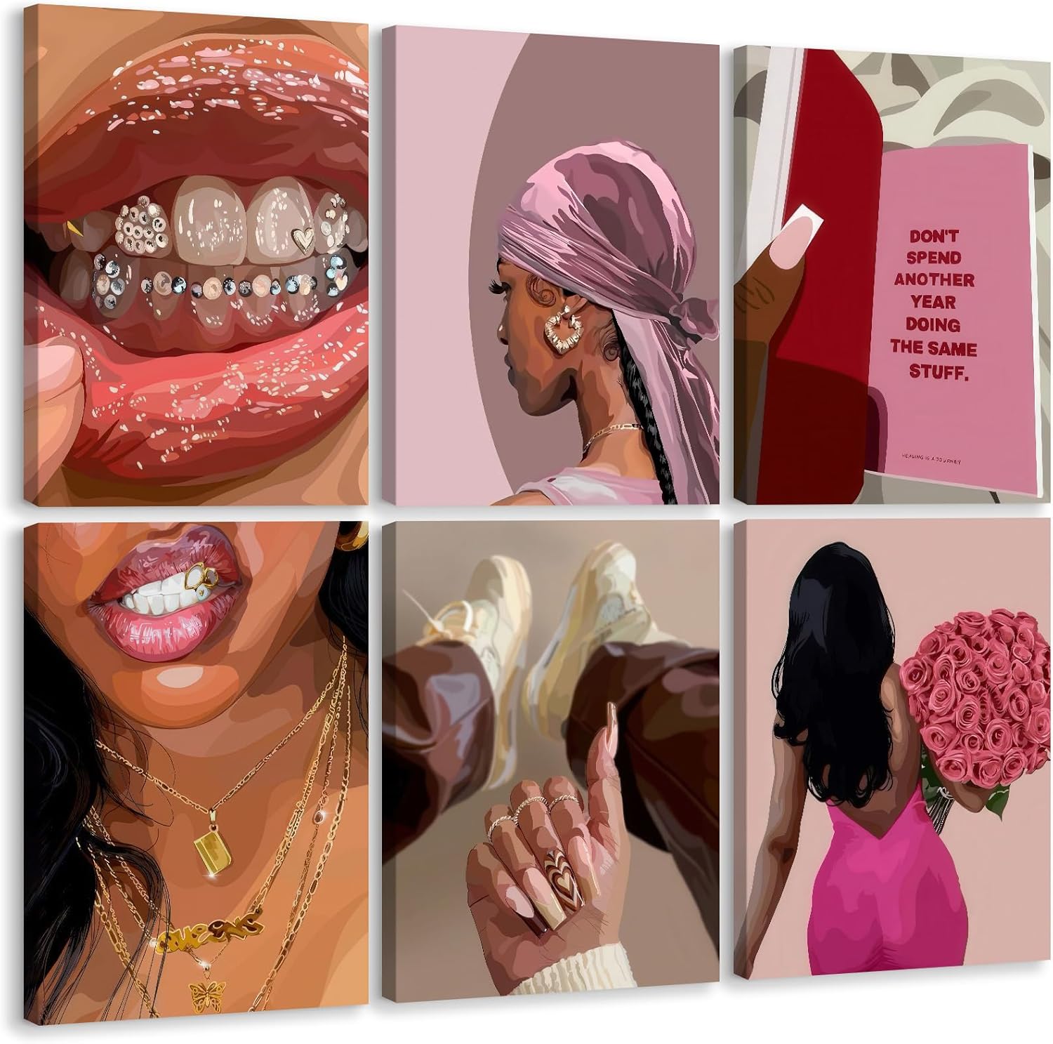 Black Girl Wall Art Pink Black Woman Canvas Wall Decor African American People Art Pictures Fashion Poster American Girl Women Painting Pink Abstract Flower Prints Bedroom 12x16x6 Inch Ready to Hang