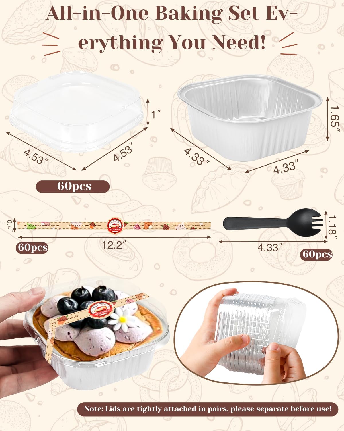 Mini Loaf Pans with Lids for Baking Bread Disposable, 100Pcs 6.8oz Mini Cake Pans with Lids and Spoons Pink Sticker & 60Pcs 10oz Square Aluminum Pans Kit, Dessert Foil Baking Cupcake Cups