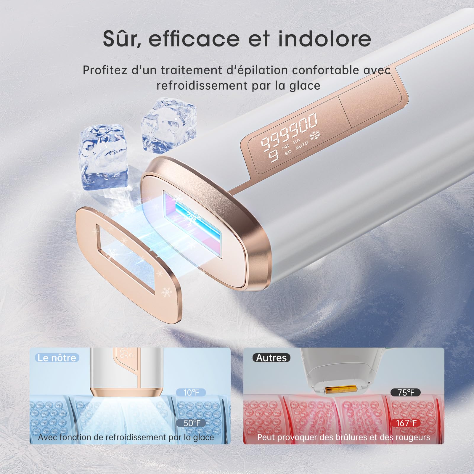 Épilateur Lumière Pulsée IPL de Refroidissement, Épilateur Laser avec 9 Niveaux D'énergie et 999900 Impulsions Lumineuses, Fonctions-HR/SC/RA 2 Modes, Épilation pour Hommes Femmes Visage Jambes