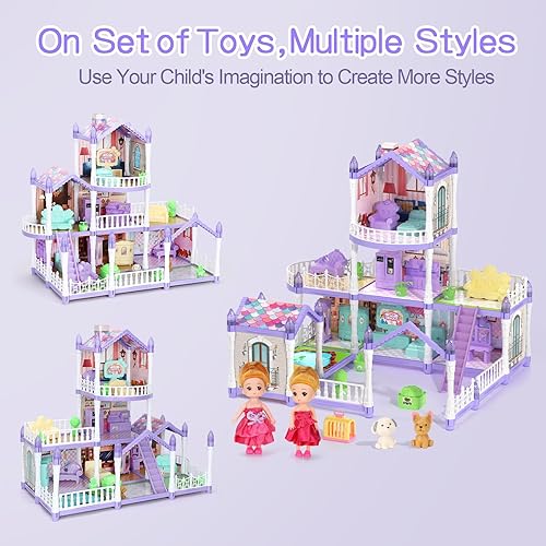 Miniatura 5 de Juego de casa de muñecas de princesa, casa de muñecas con 9 habitaciones en 3 pisos con 2 muñecas, 2 mascotas, muebles y accesorios de 12 piezas,