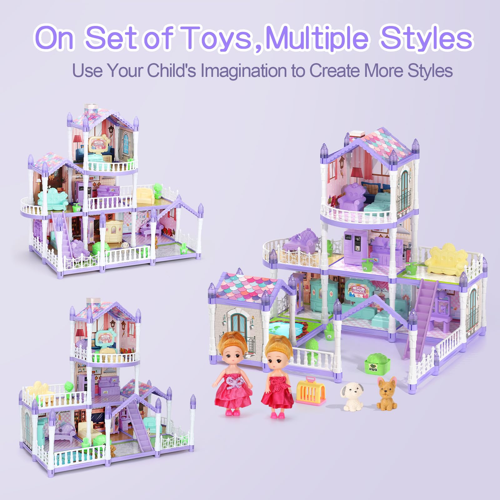 Juego de casa de muñecas de princesa, casa de muñecas morado lila con 9 habitaciones en 3 pisos, incluye 2 muñecas, 2 mascotas, 12 muebles y otros accesorios, regalo perfecto para niñas casa de