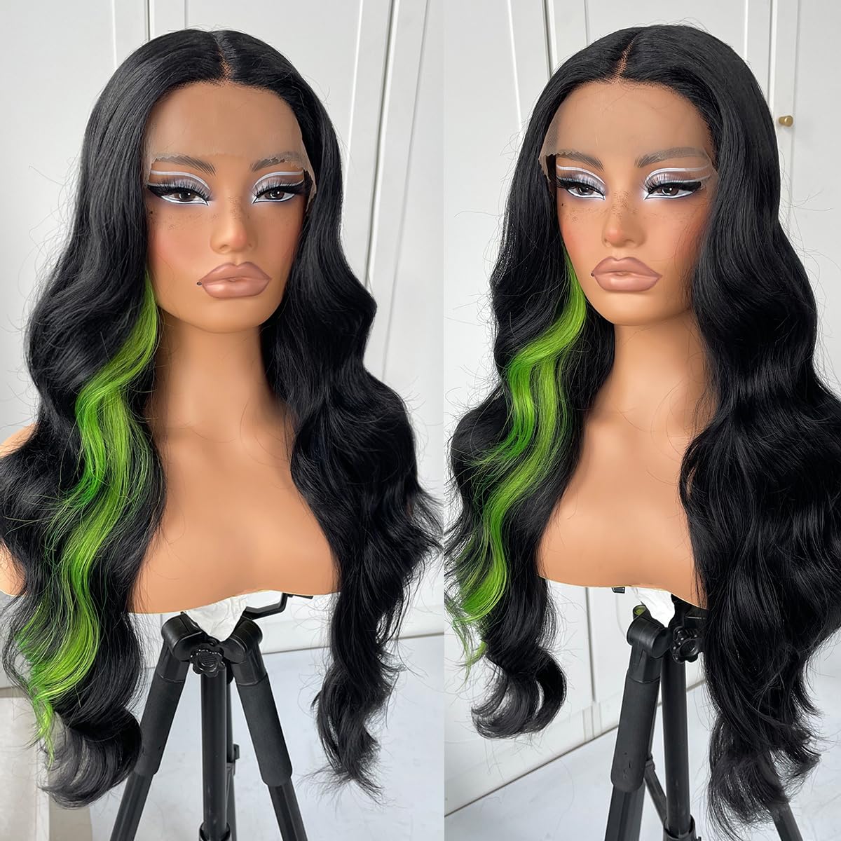 MITIMES Green Skunk Stripe Wig Glueless Highlight Lace Front Wig Pre Plucked Synthetic Body Wave Wear and Go lace front wig for black women